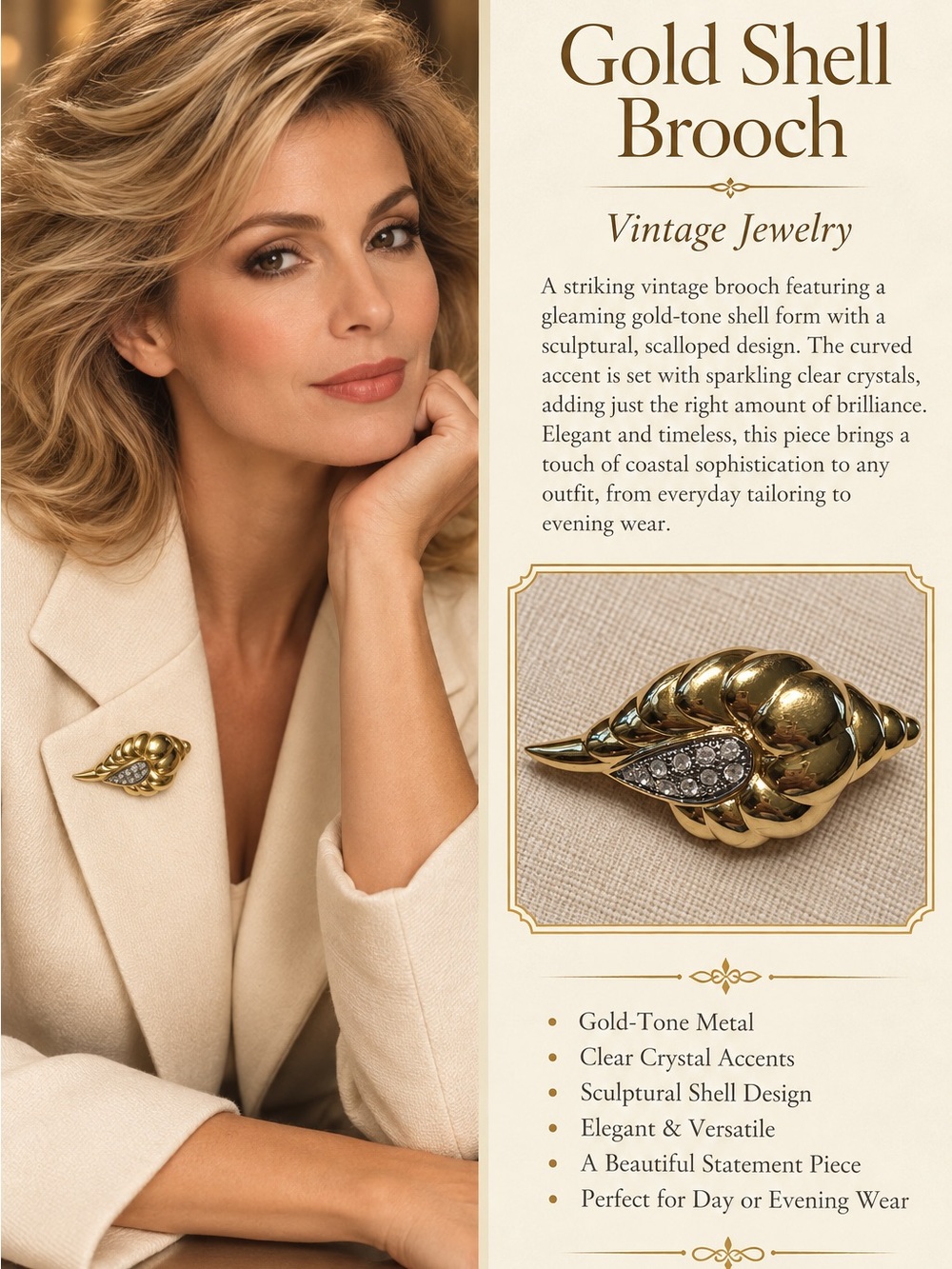 Gold-Tone Shell Brooch with Clear Crystal Accent